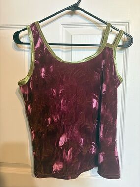 Women's patterned velvet Maroon Tank Top with Olive Trim